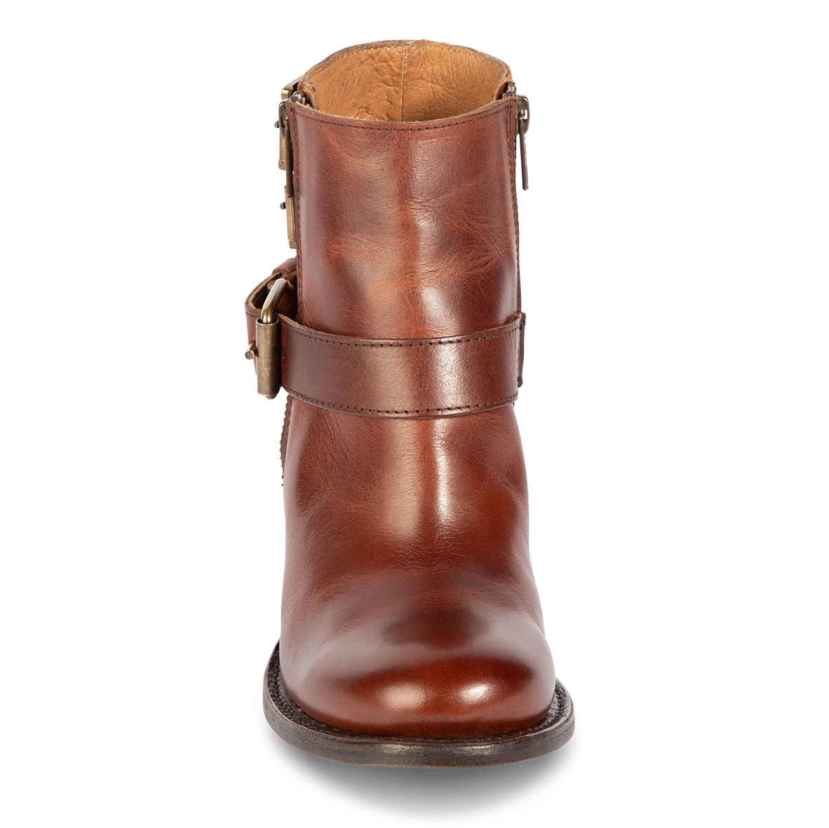 Front view showing ankle strap on FREEBIRD women's Bolo cognac ankle bootie