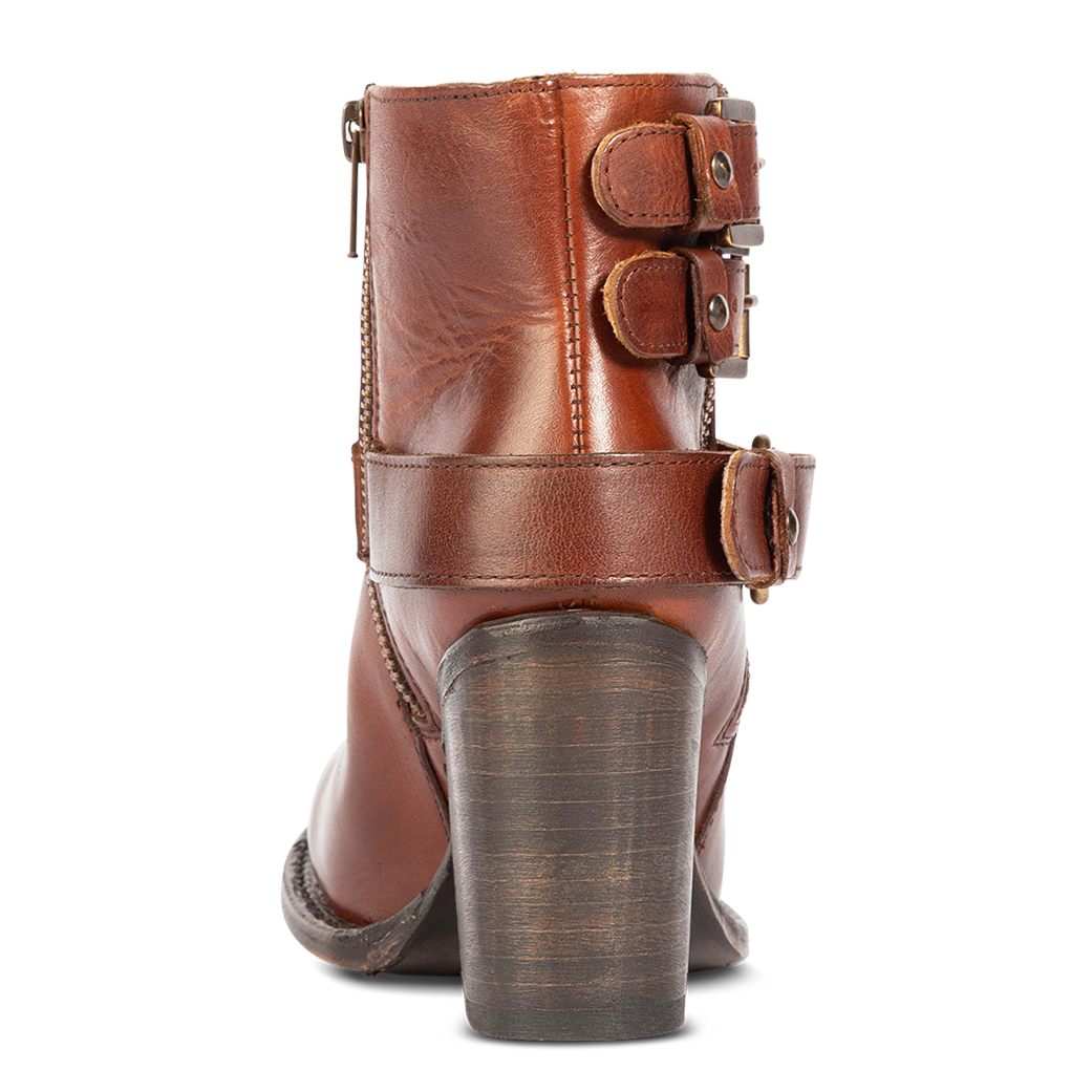 Back view showing ankle straps and leather heel on FREEBIRD women's Bolo cognac ankle bootie