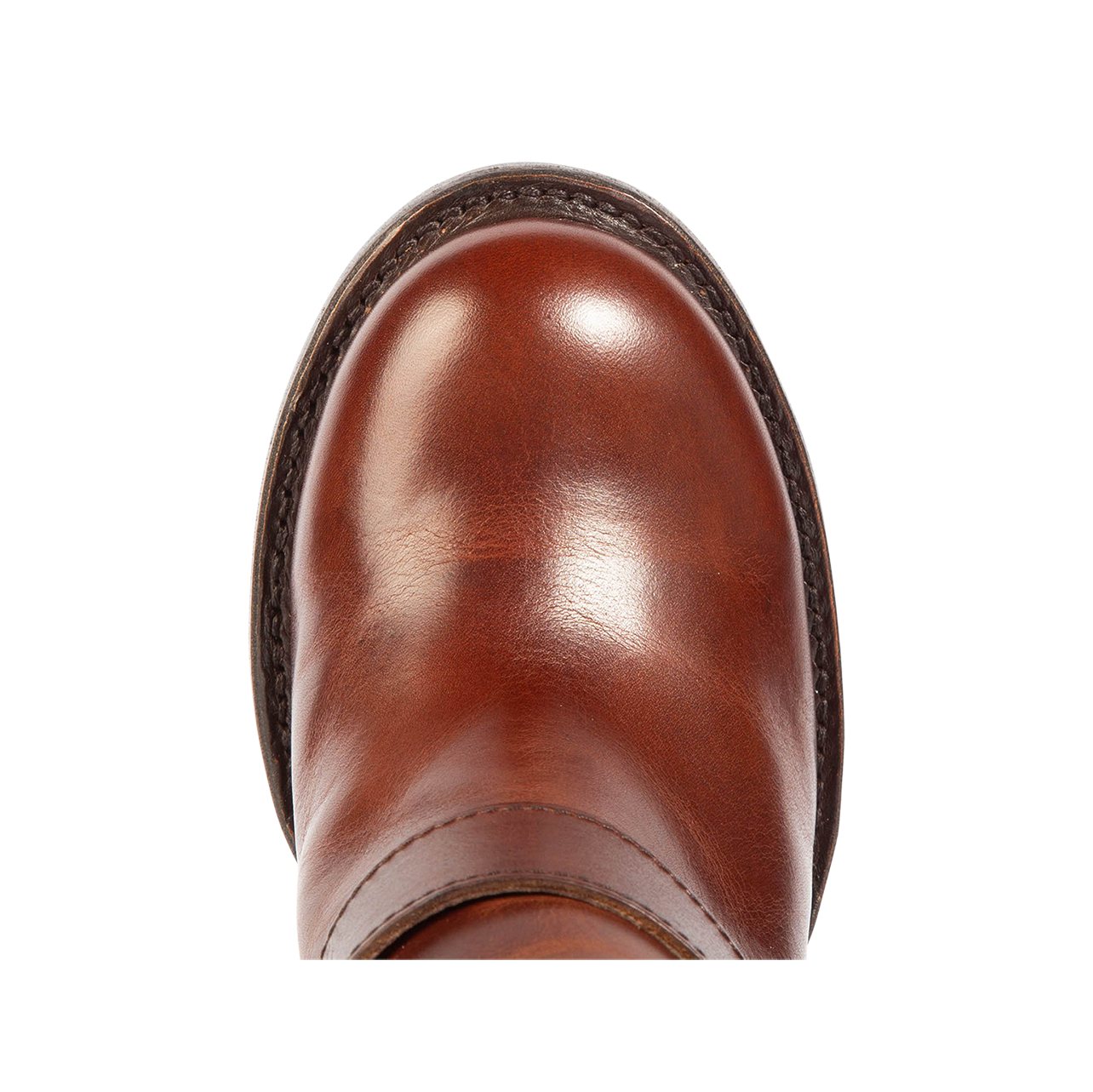Top view showing round toe on FREEBIRD women's Bolo cognac ankle bootie