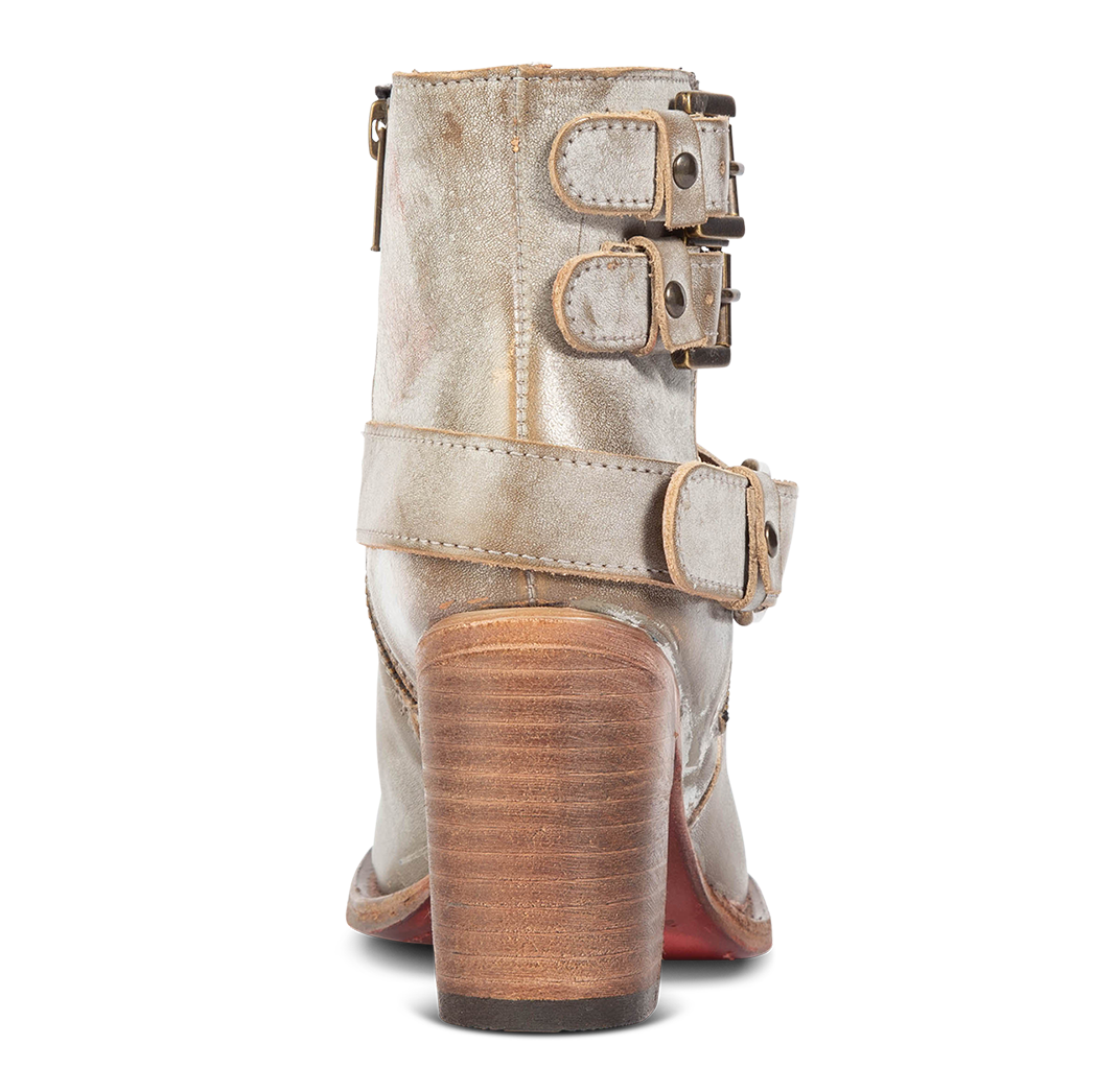 Back view showing ankle straps and leather heel on FREEBIRD women's Bolo ice ankle bootie