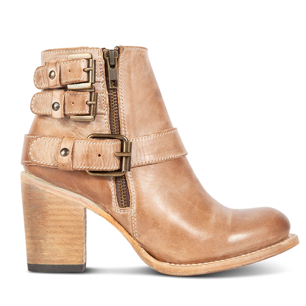 FREEBIRD women's Bolo taupe ankle bootie with double zip closures and fashion buckles with brass hardware