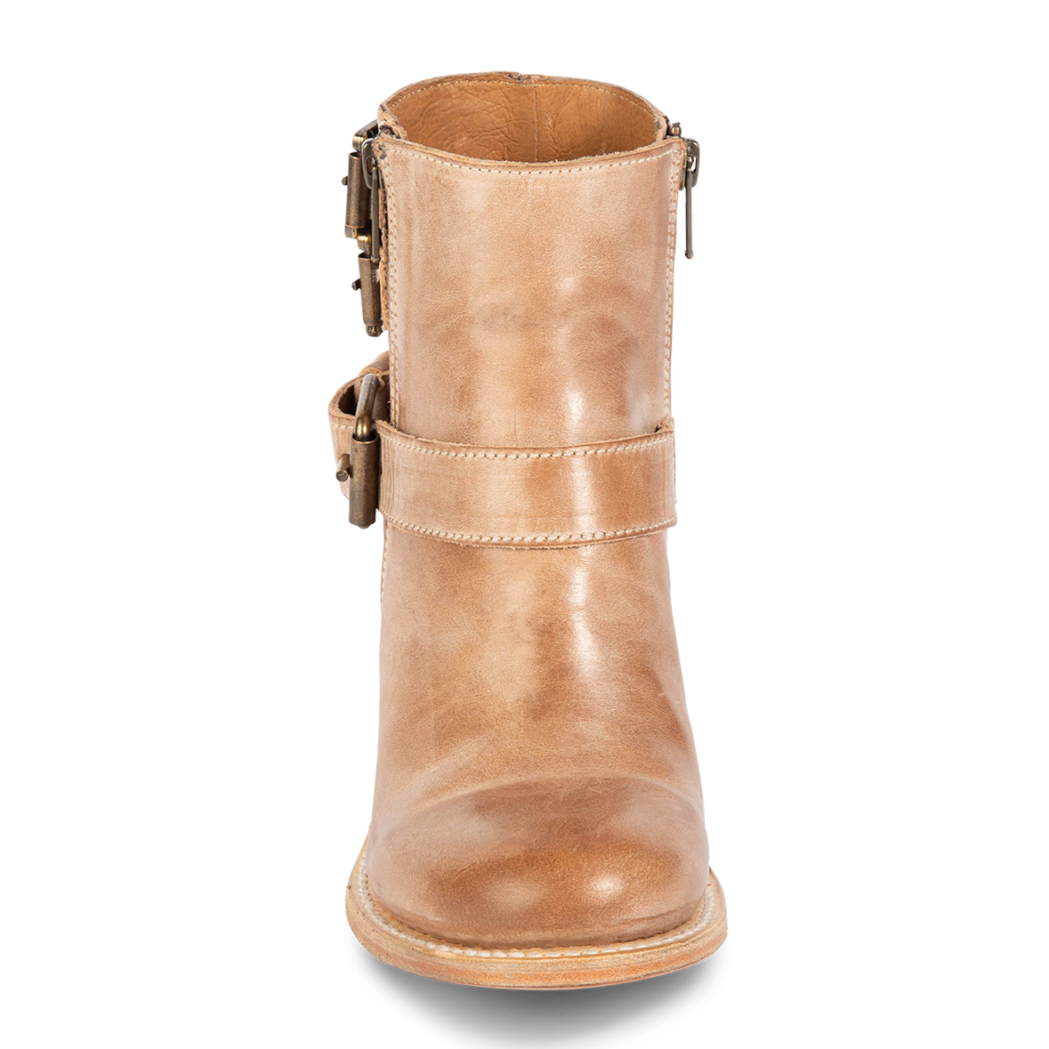 Front view showing ankle strap on FREEBIRD women's Bolo taupe ankle bootie
