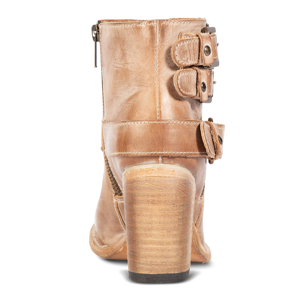 Back view showing ankle straps and leather heel on FREEBIRD women's Bolo taupe ankle bootie