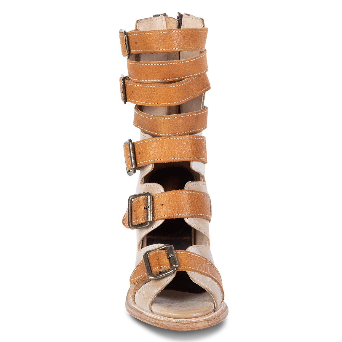 Front view showing buckle cut outs and leather fashion straps on FREEBIRD women's Bond beige multi sandal