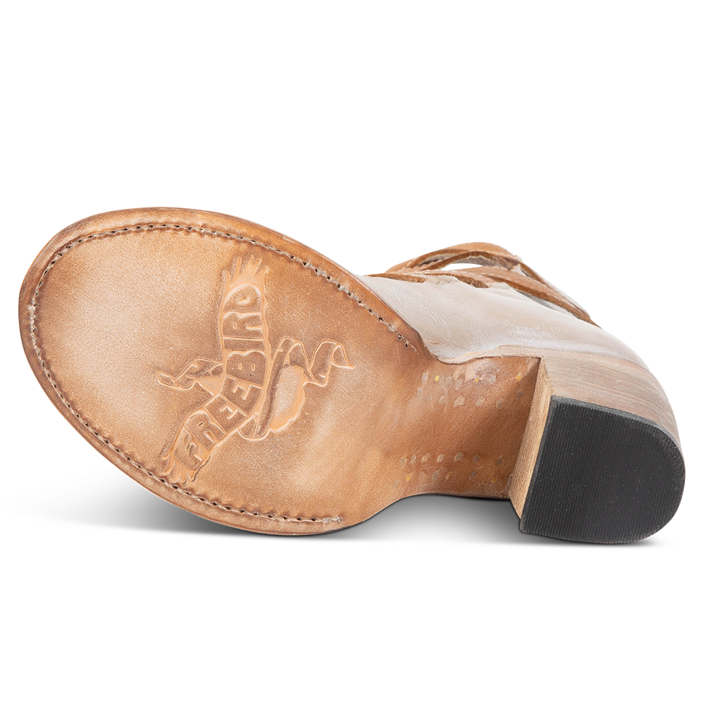 Leather sole imprinted with FREEBIRD on women's Bond beige multi sandal