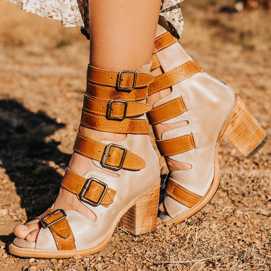 FREEBIRD women's Bond beige multi sandal with fashion straps and stacked heel