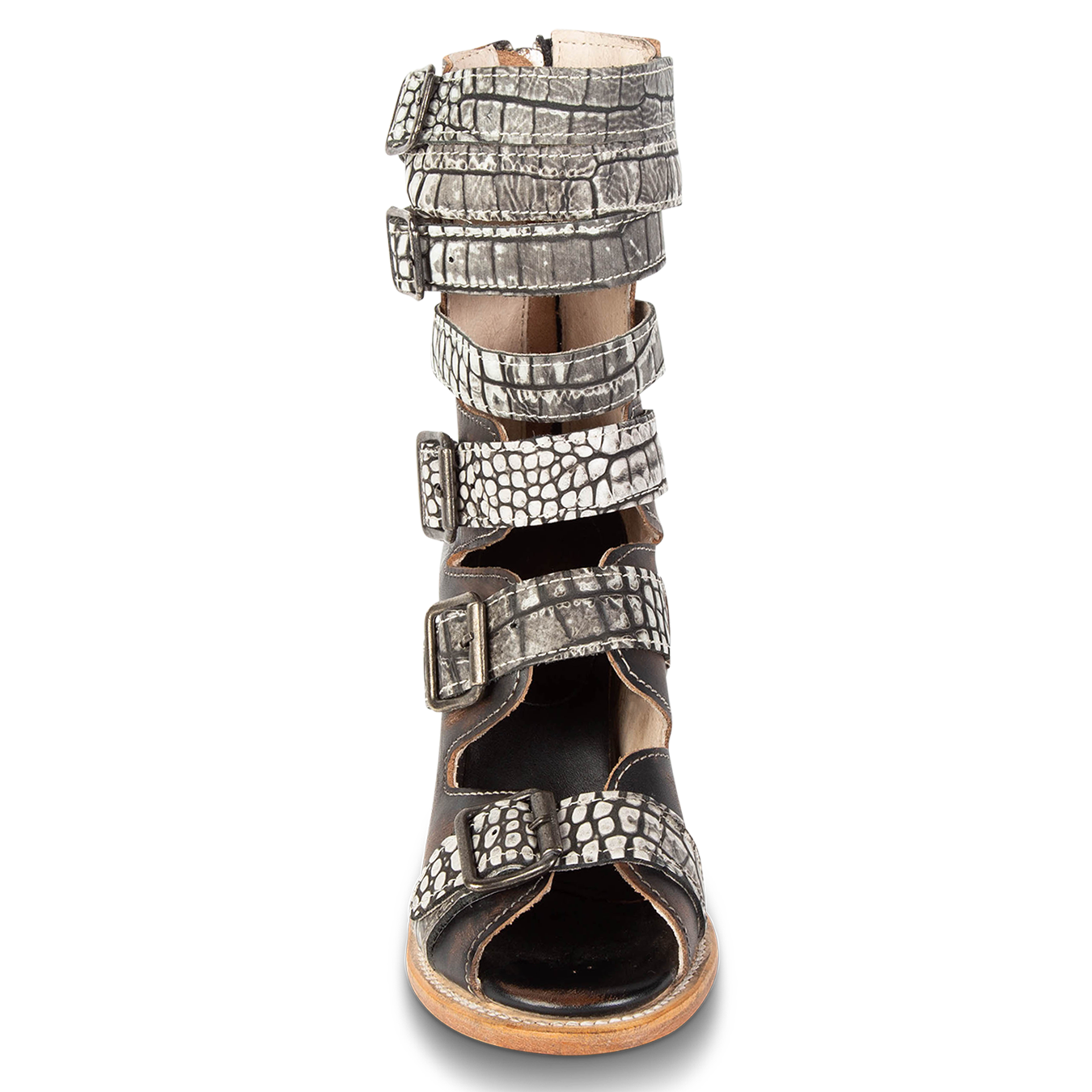 Front view showing buckle cut outs and leather fashion straps on FREEBIRD women's Bond black croco multi sandal