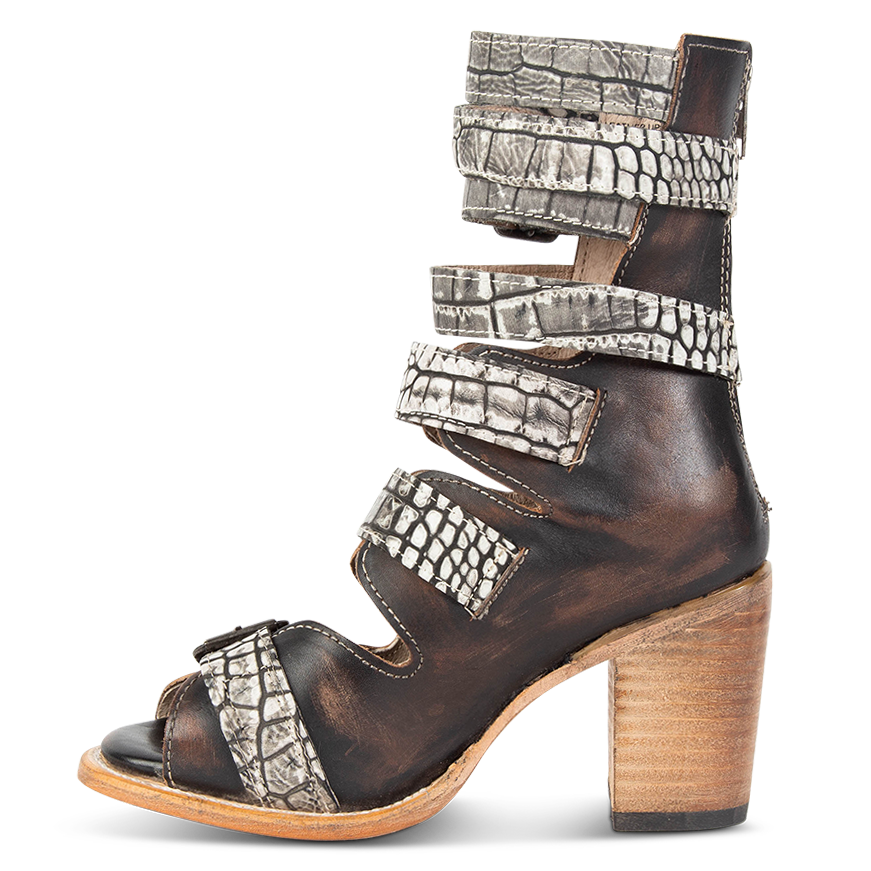 Inside view showing leather fashion straps and stacked heel on FREEBIRD women's Bond black croco multi sandal