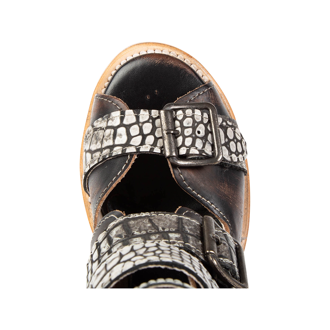 Top view showing round toe with leather toe and ankle straps on FREEBIRD women's Bond black croco multi sandal