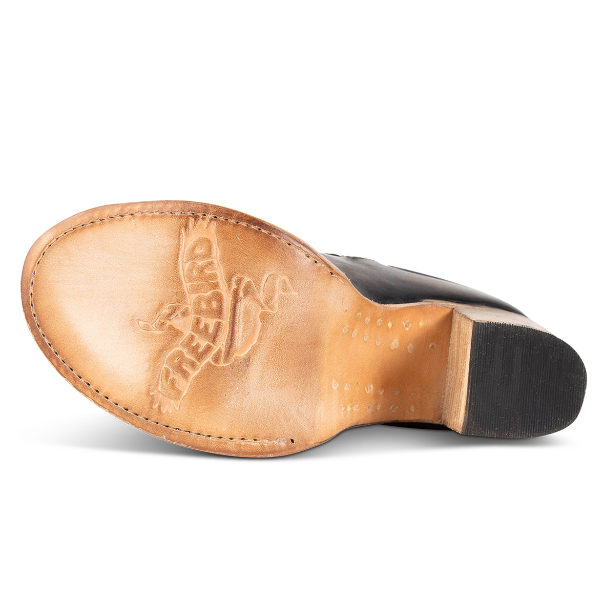 Leather sole imprinted with FREEBIRD on women's Bond black croco multi sandal