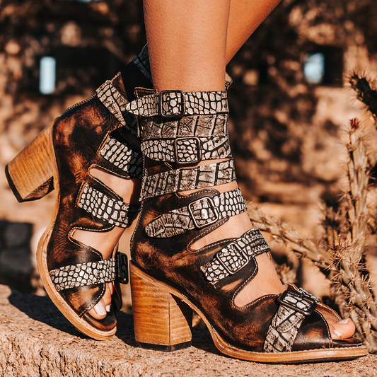 FREEBIRD women's Bond black croco multi sandal with fashion straps and stacked heel