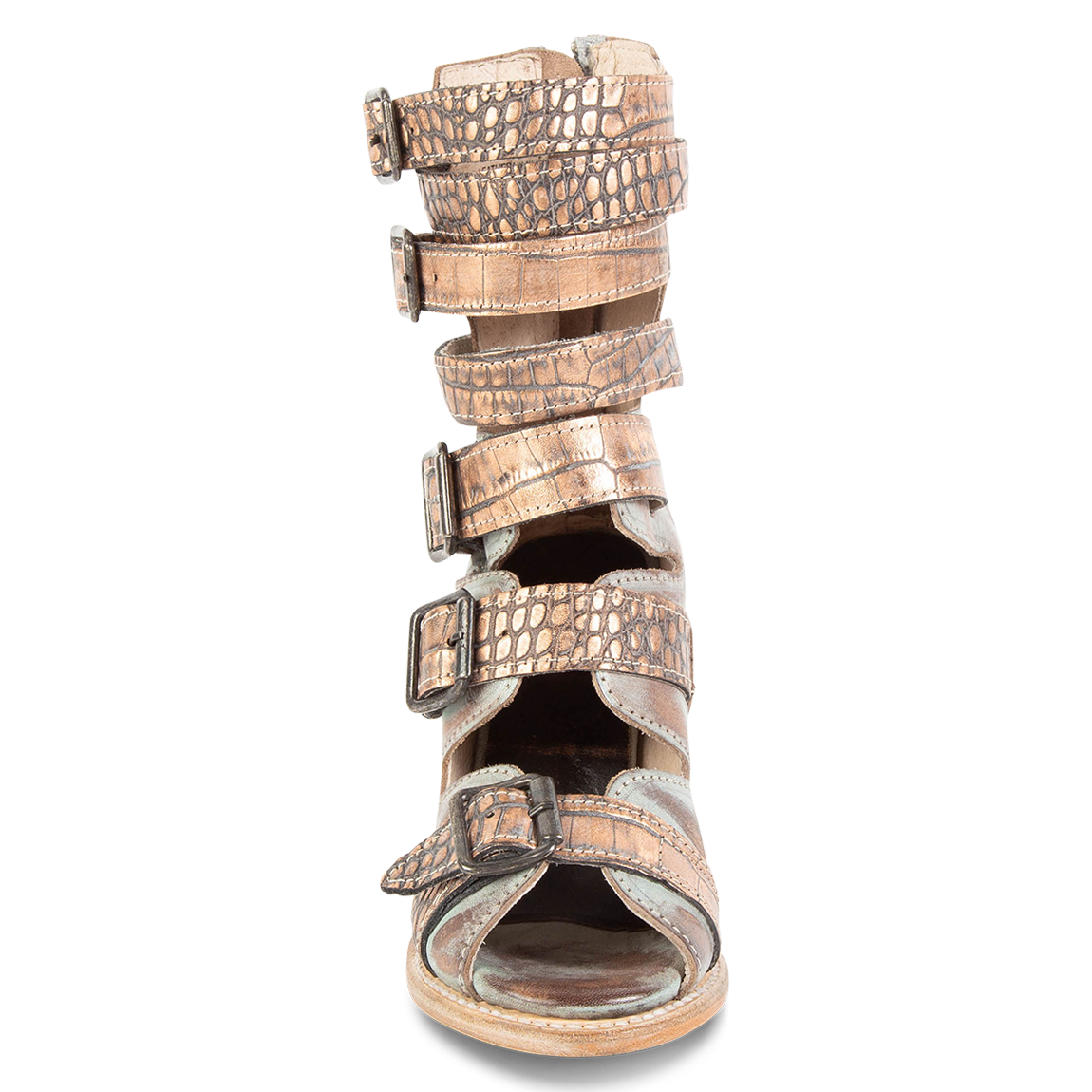 Front view showing buckle cut outs and leather fashion straps on FREEBIRD women's Bond blush croco multi sandal