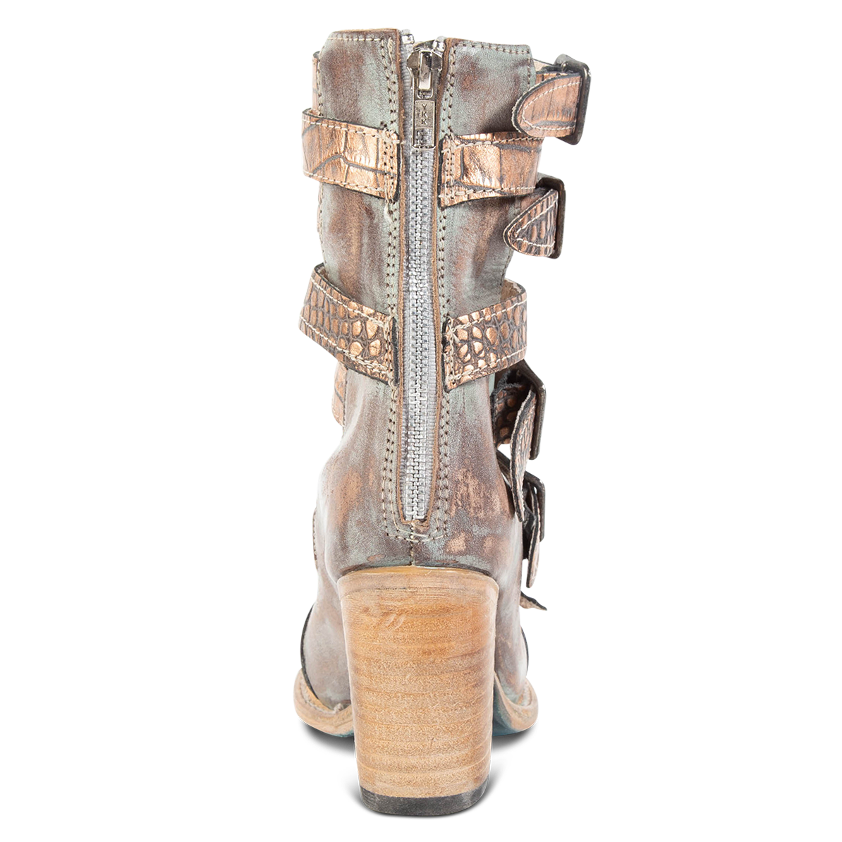 Back view showing working brass zip closure on FREEBIRD women's Bond blush croco multi sandals