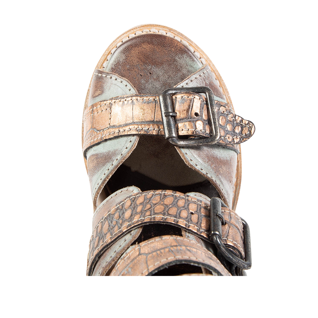 Top view showing round toe with leather toe and ankle straps on FREEBIRD women's Bond blush croco multi sandal