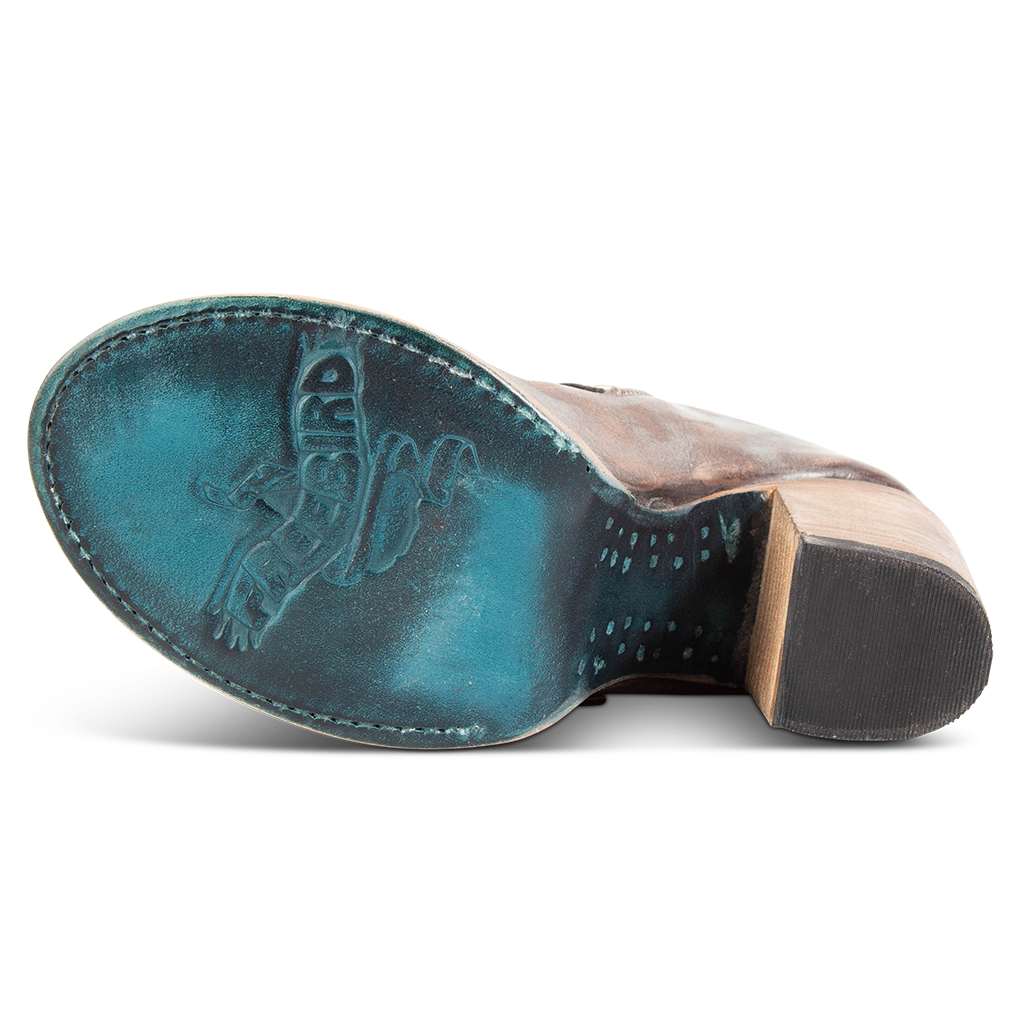 Leather sole imprinted with FREEBIRD on women's Bond blush croco multi sandal