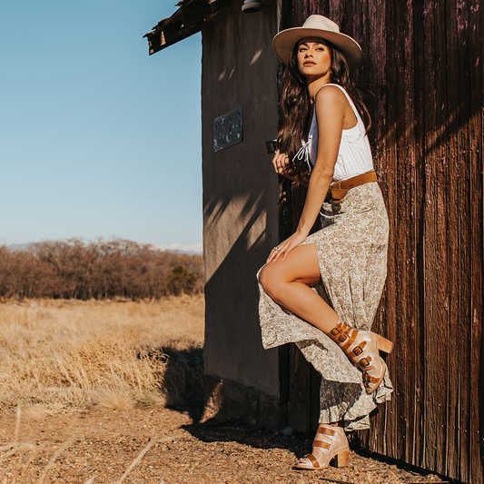 FREEBIRD women's Bond beige multi sandal with fashion straps and stacked heel lifestyle