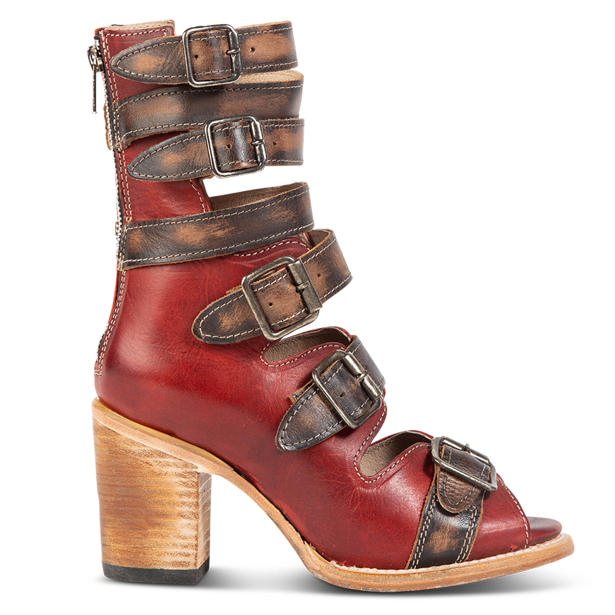 FREEBIRD women's Bond red multi sandal with fashion straps and stacked heel