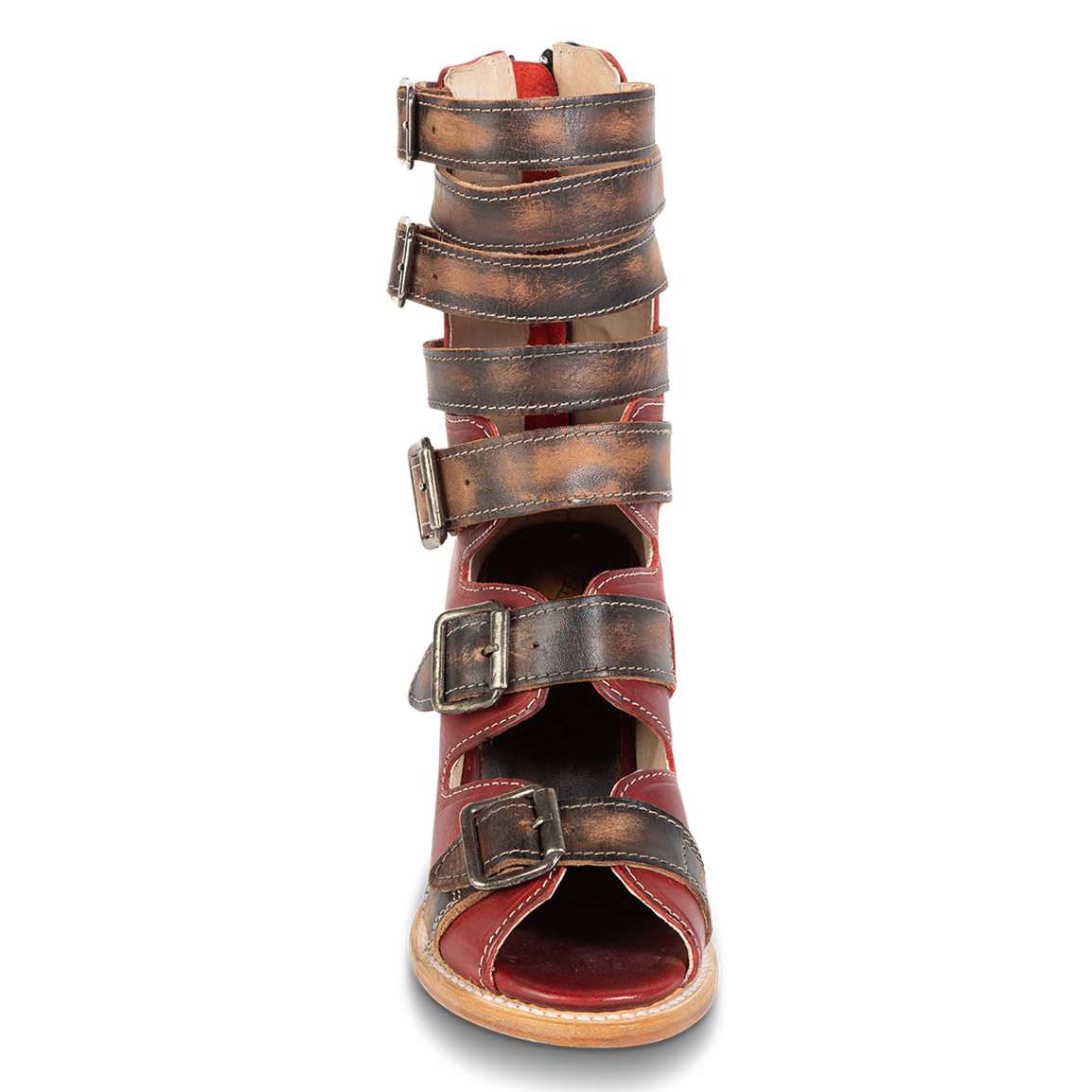Front view showing buckle cut outs and leather fashion straps on FREEBIRD women's Bond red multi sandal