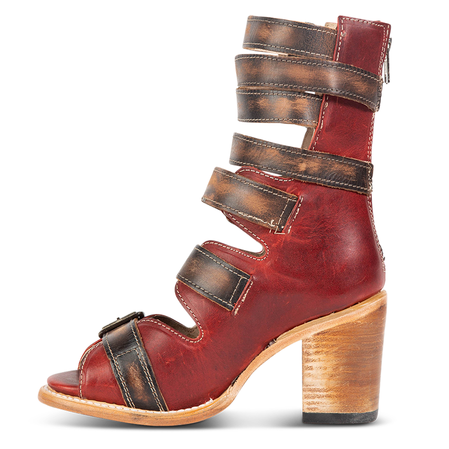 Inside view showing leather fashion straps and stacked heel on FREEBIRD women's Bond red multi sandal