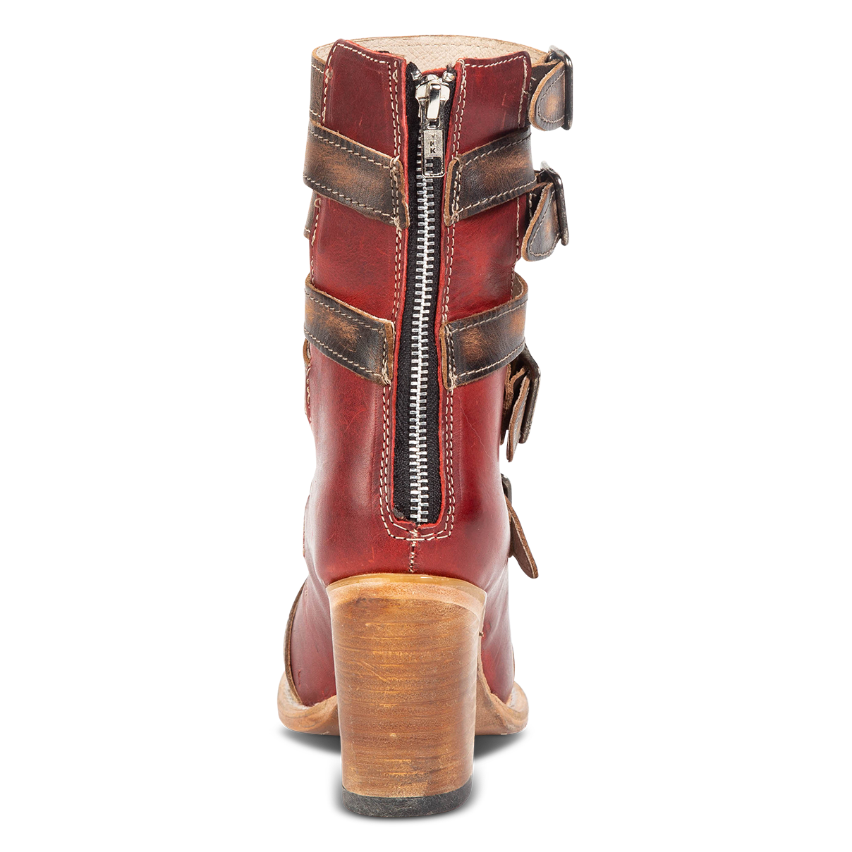 Back view showing working brass zip closure on FREEBIRD women's Bond red multi sandals