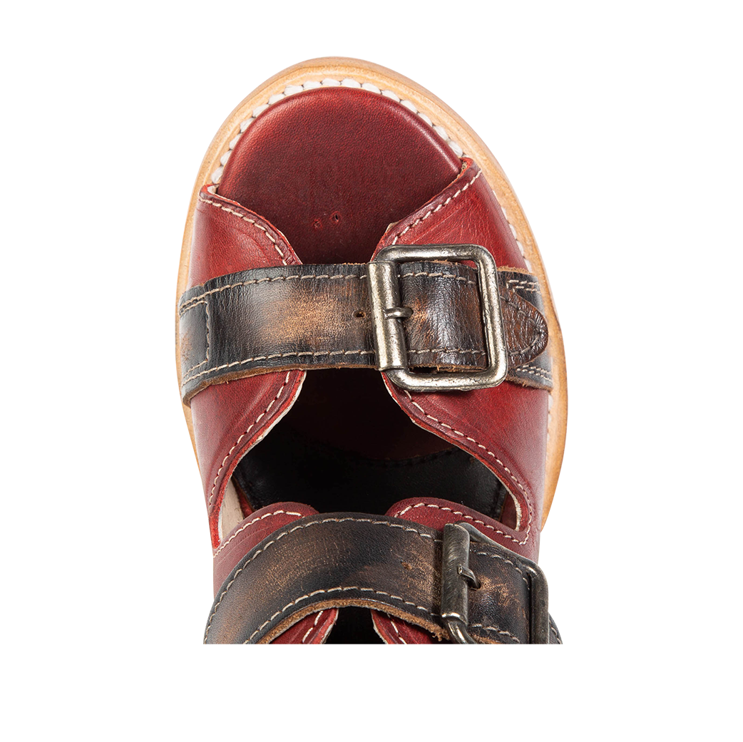 Top view showing round toe with leather toe and ankle straps on FREEBIRD women's Bond red multi sandal