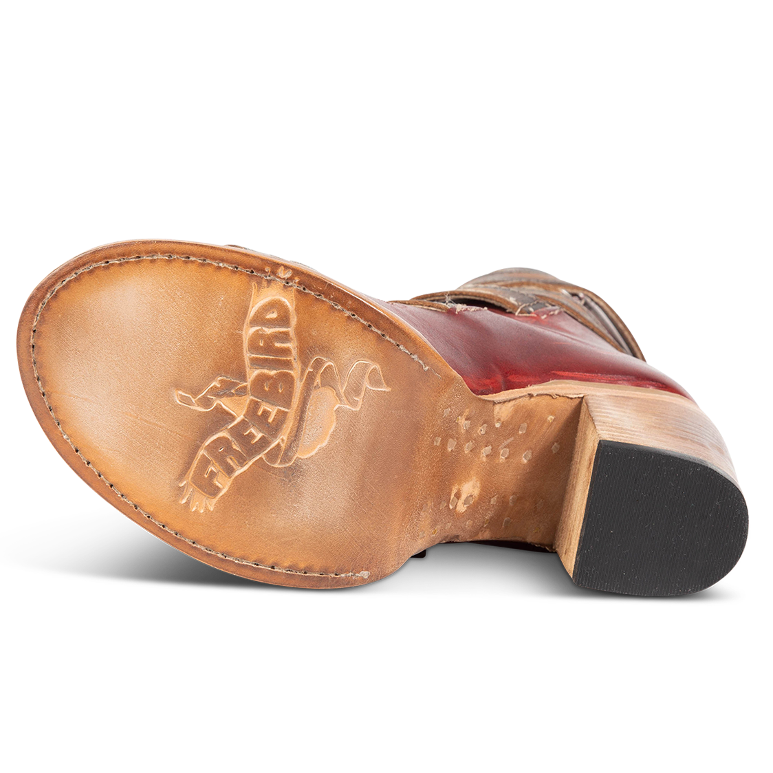 Leather sole imprinted with FREEBIRD on women's Bond red multi sandal
