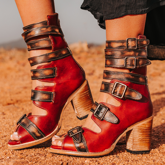 FREEBIRD women's Bond red multi sandal with fashion straps and stacked heel