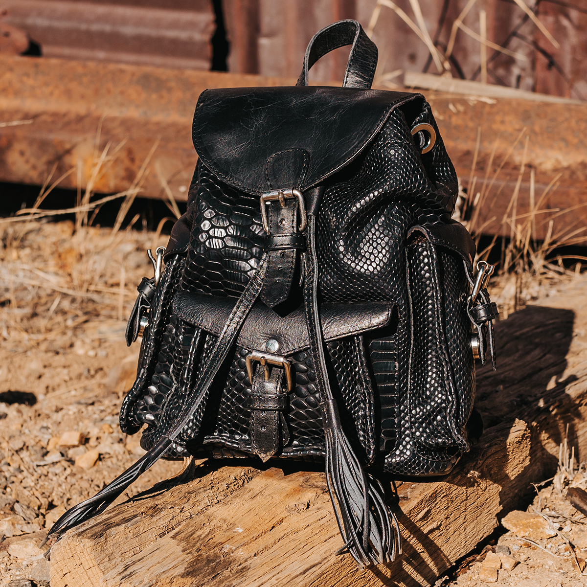 FREEBIRD Brett black snake embossed leather backpack with working exterior pockets and drawstring closure