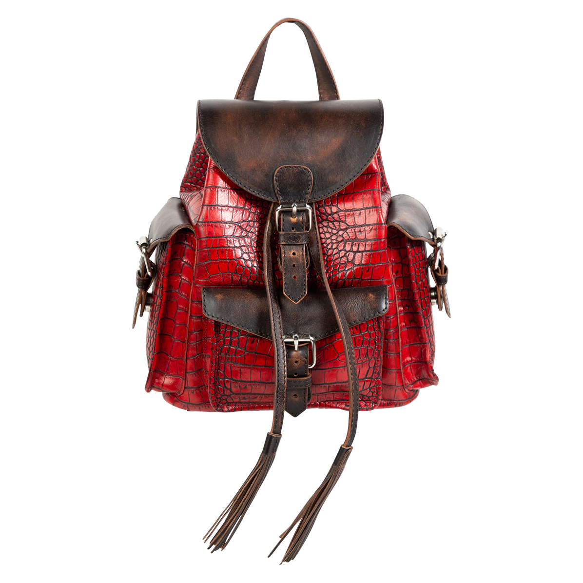 FREEBIRD Brett red croco embossed leather backpack with working exterior pockets and drawstring closure
