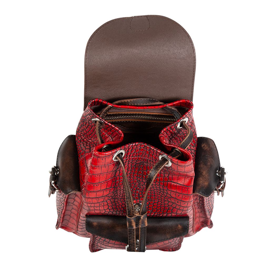 Brett red croco interior zip pocket with fabric lining and a leather drawstring closure construction on FREEBIRD backpack