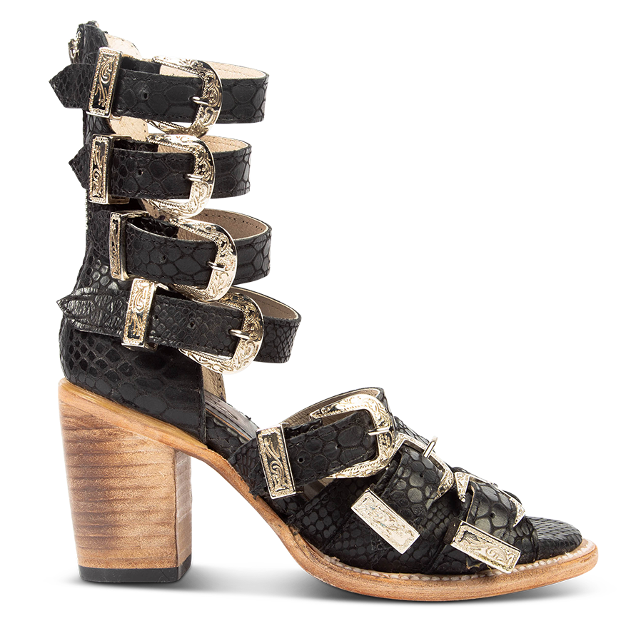 FREEBIRD women's Brooklynn black snake sandal with straps, metal western buckles and high-heel