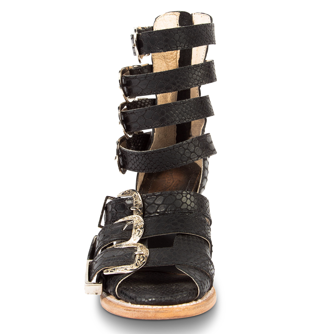 Front view showing embossed leather straps and metal buckles on FREEBIRD women's Brooklynn black snake sandal