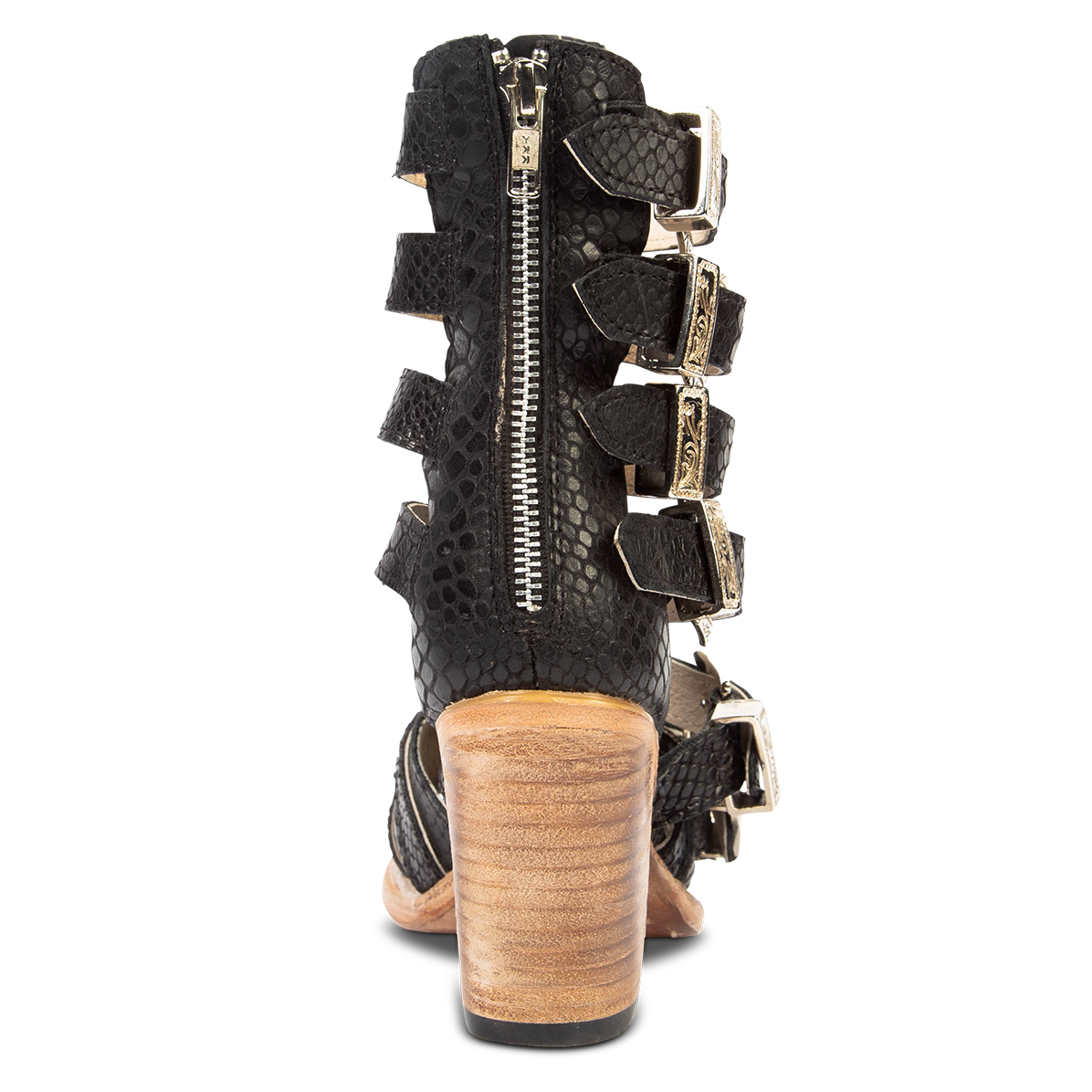 Back view showing working back zip closure on FREEBIRD women's Brooklynn black snake sandal