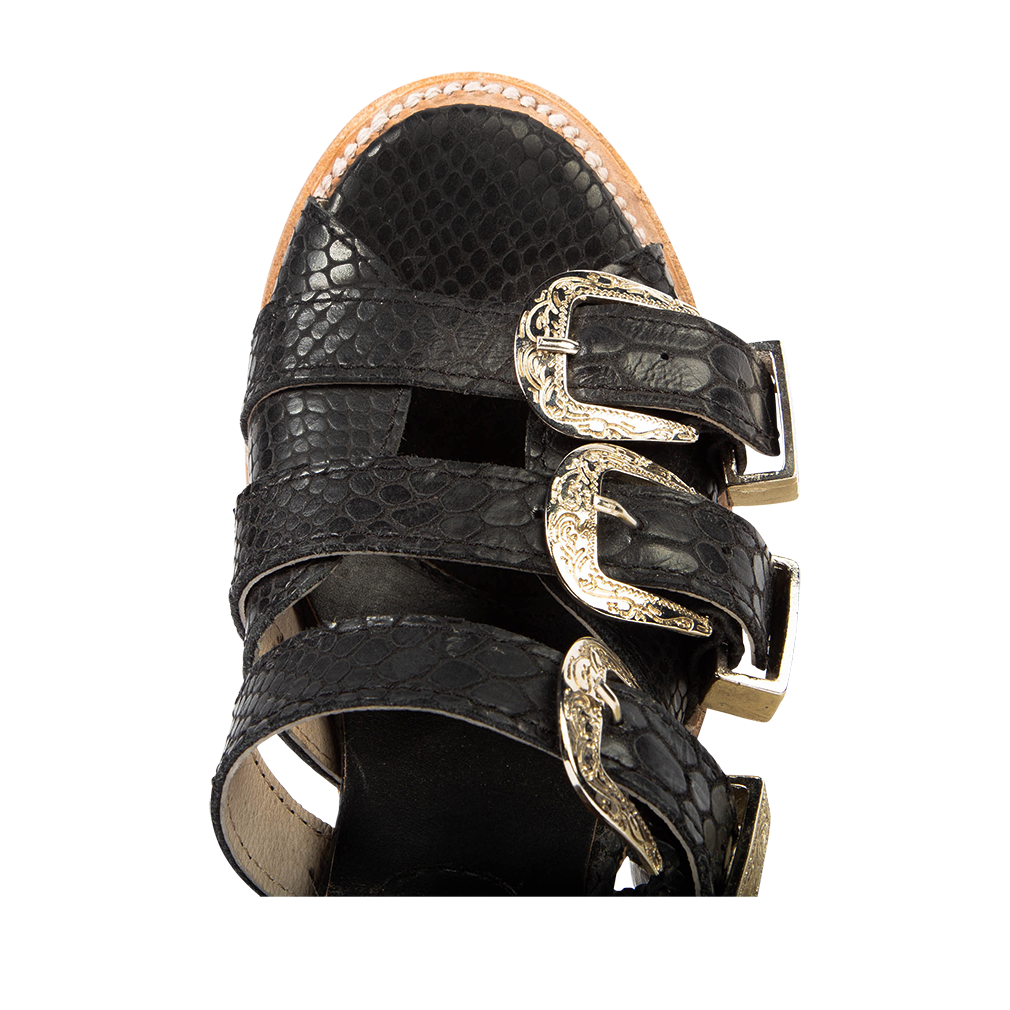 Top view showing round toe and metal buckles on FREEBIRD women's Brooklynn black snake sandal