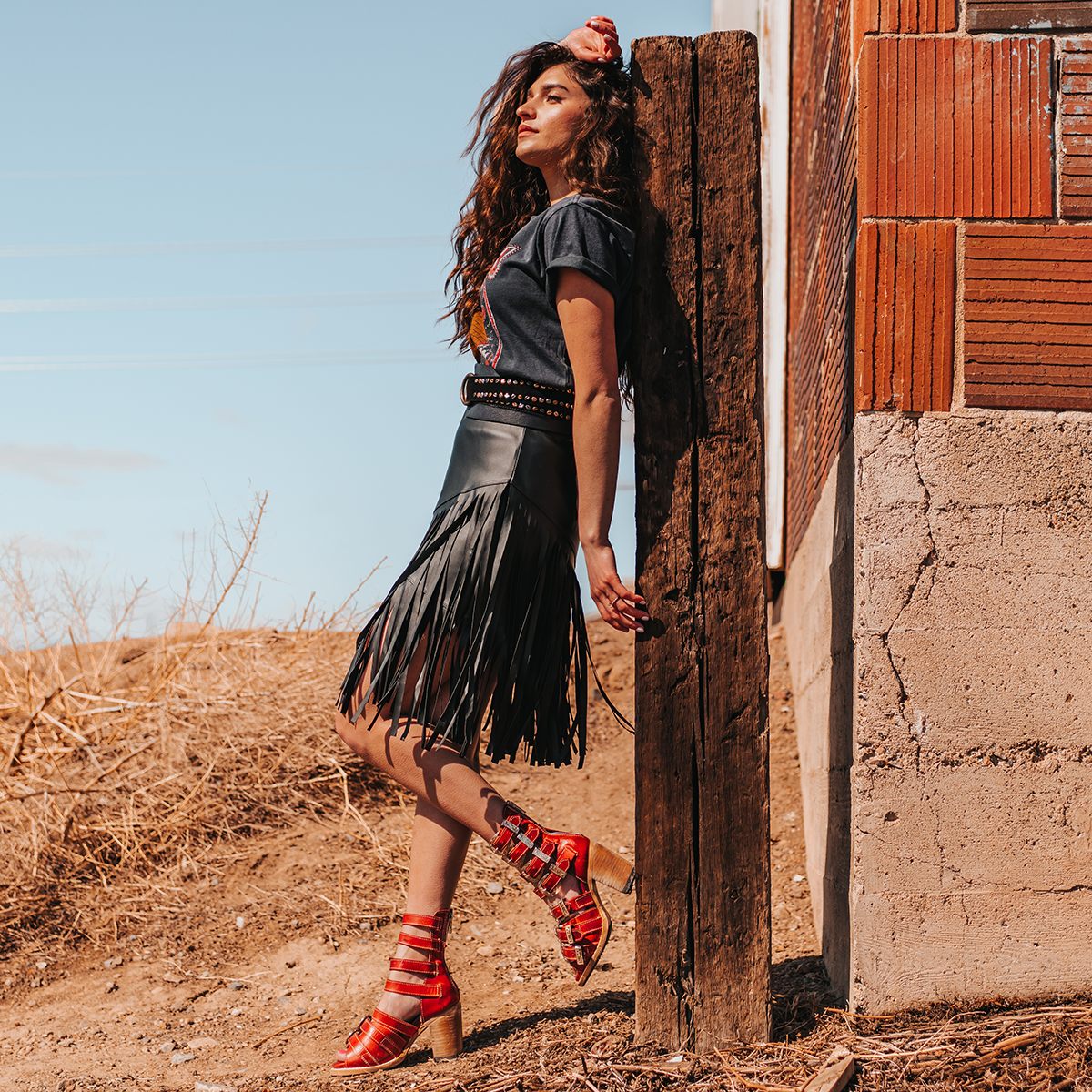 FREEBIRD women's Brooklynn red sandal with straps, metal western buckles and high-heel lifestyle