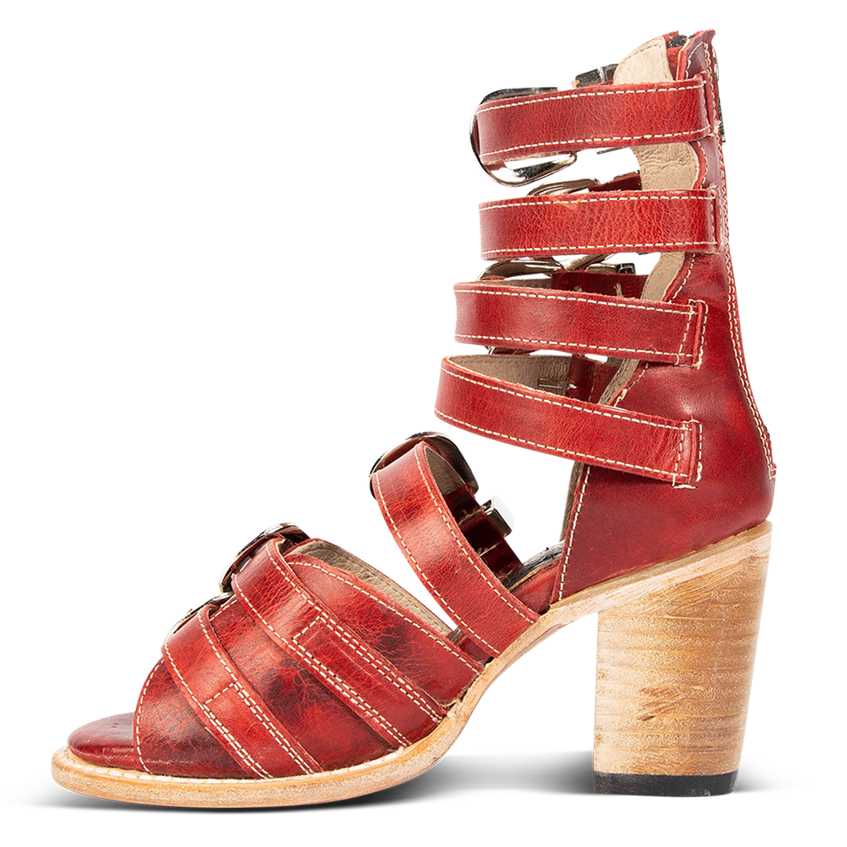 Inside view showing leather straps and high-heel on FREEBIRD women's Brooklynn red sandal
