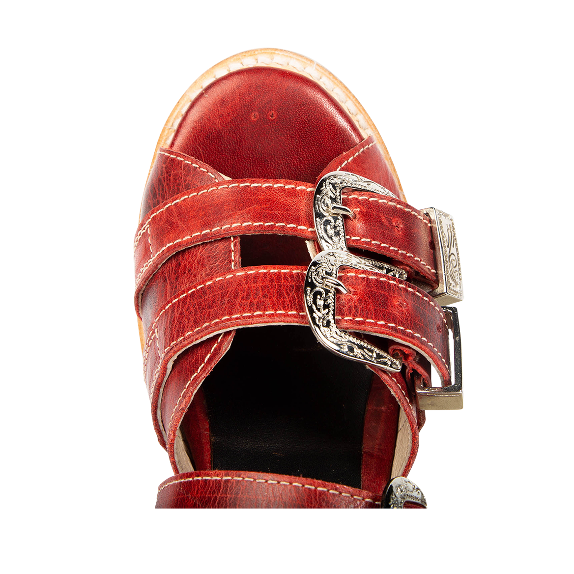 Top view showing round toe and metal buckles on FREEBIRD women's Brooklynn red sandal