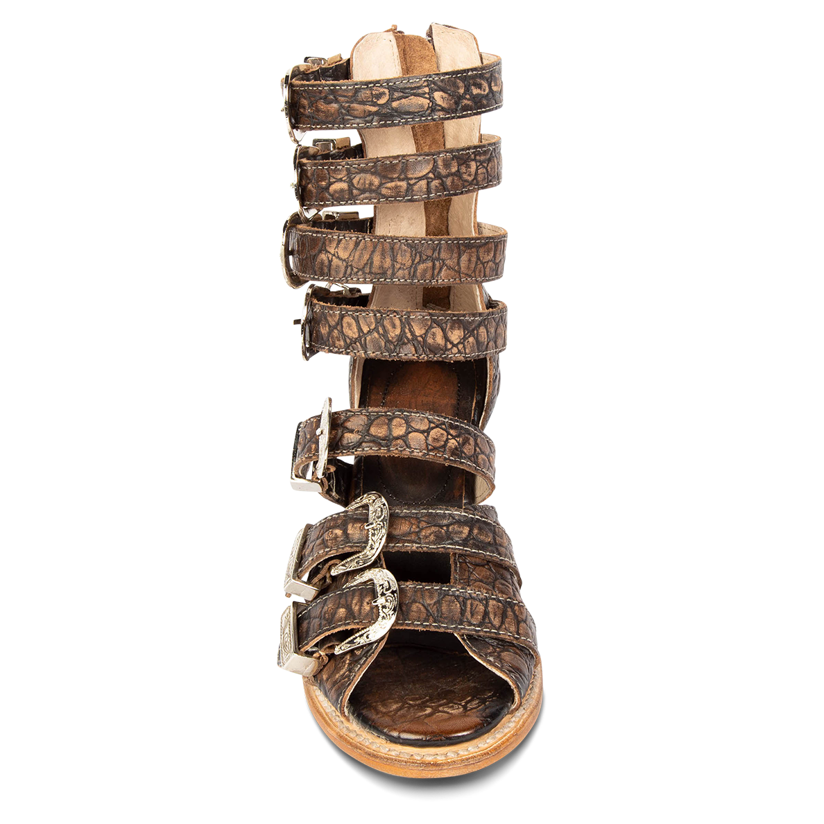 Front view showing embossed leather straps and metal buckles on FREEBIRD women's Brooklynn vintage croco sandal