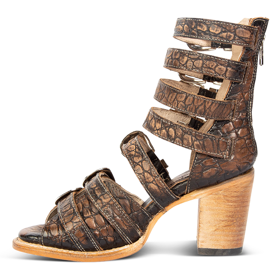 Inside view showing embossed leather straps and high-heel on FREEBIRD women's Brooklynn vintage croco sandal