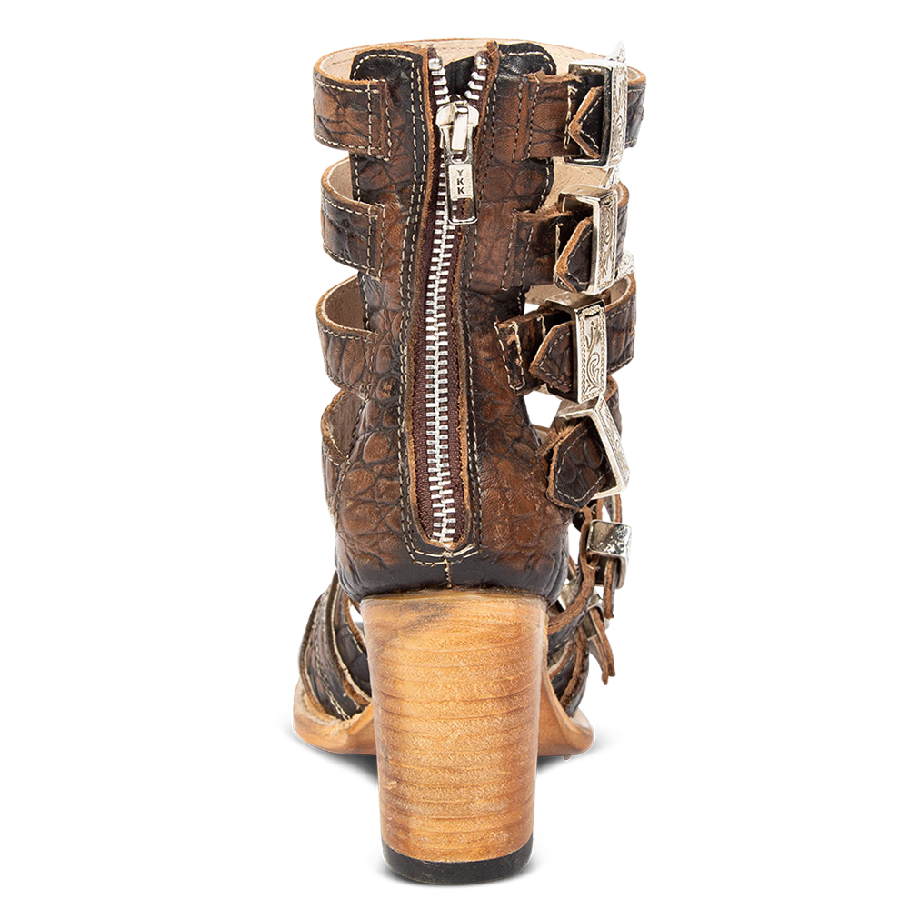 Back view showing working back zip closure on FREEBIRD women's Brooklynn vintage croco sandal