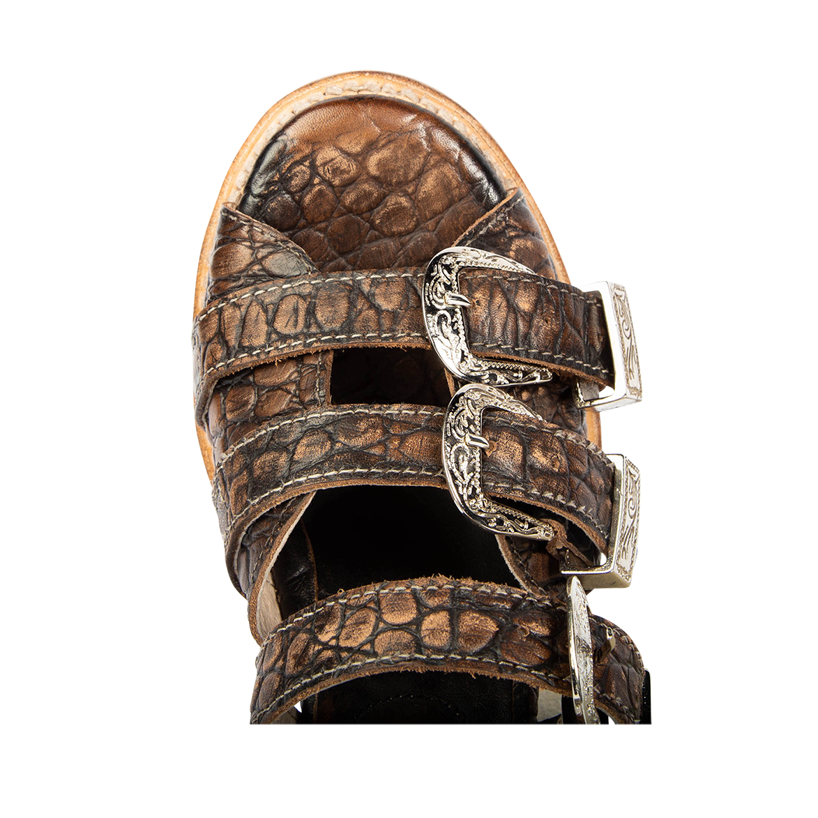 Top view showing round toe and metal buckles on FREEBIRD women's Brooklynn vintage croco sandal