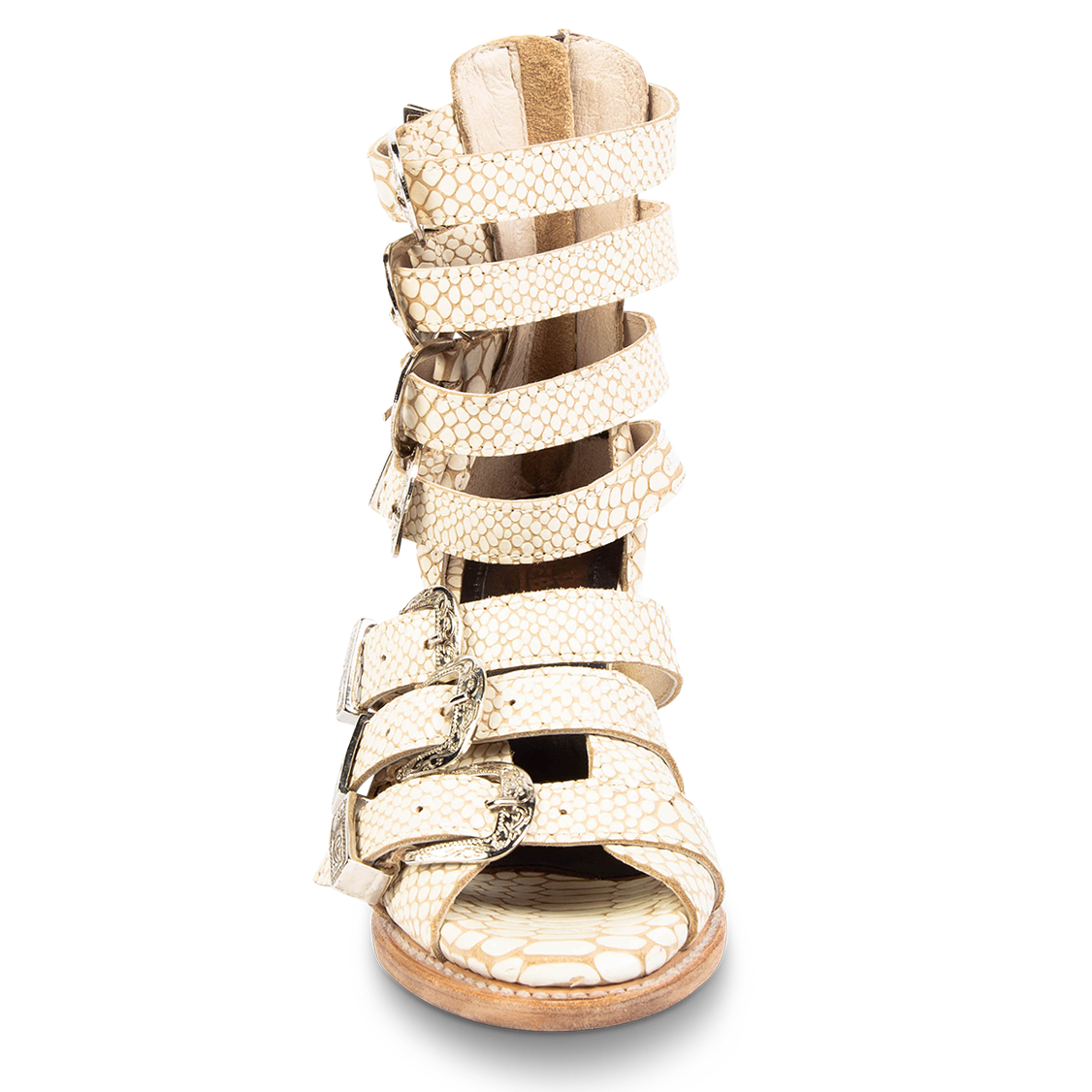 Front view showing embossed leather straps and metal buckles on FREEBIRD women's Brooklynn white snake sandal