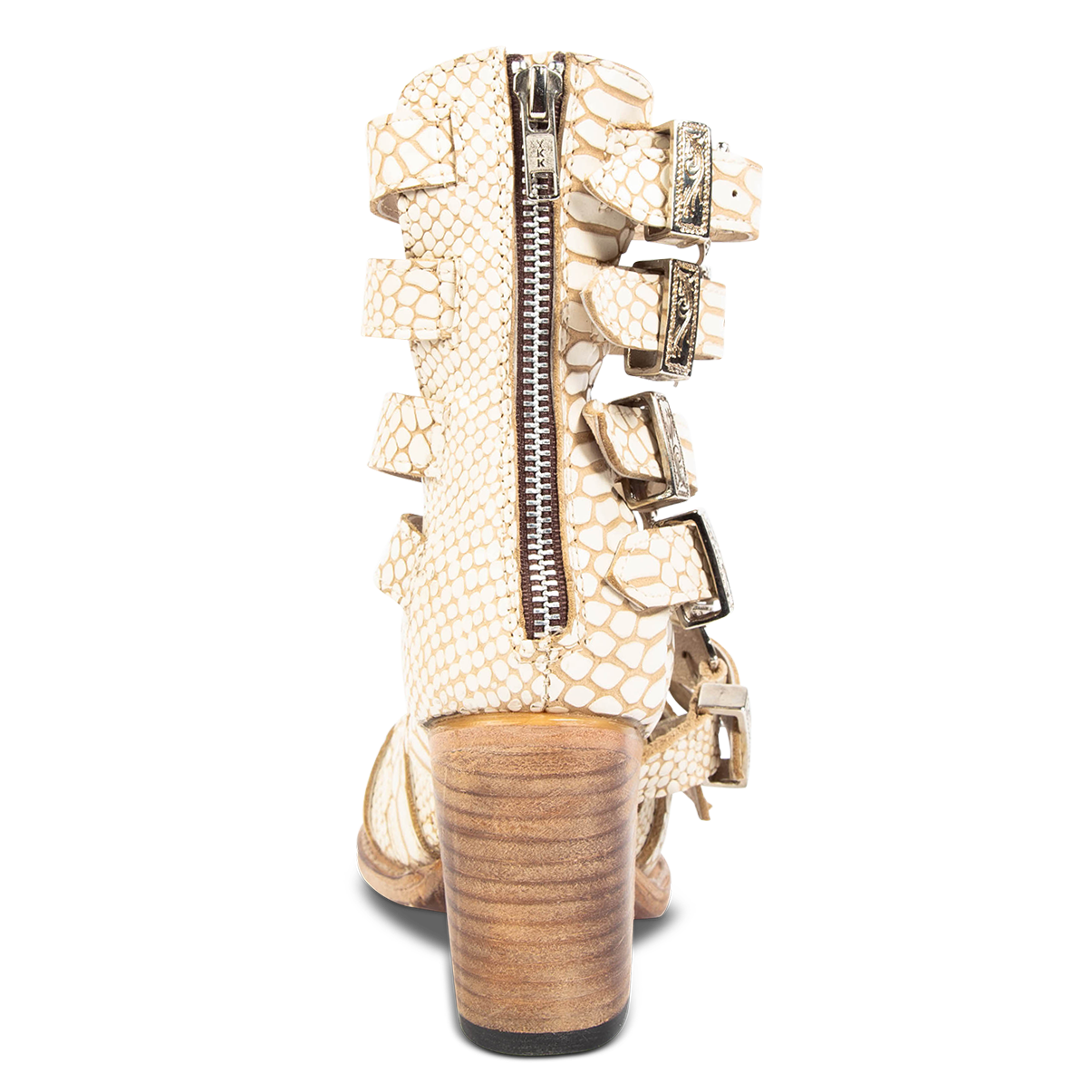 Back view showing working back zip closure on FREEBIRD women's Brooklynn white snake sandal