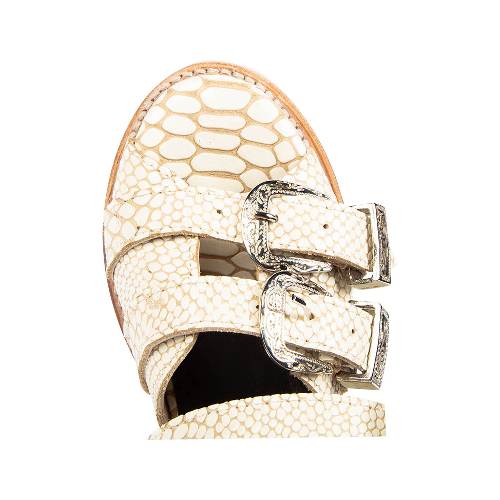 Top view showing round toe and metal buckles on FREEBIRD women's Brooklynn white snake sandal
