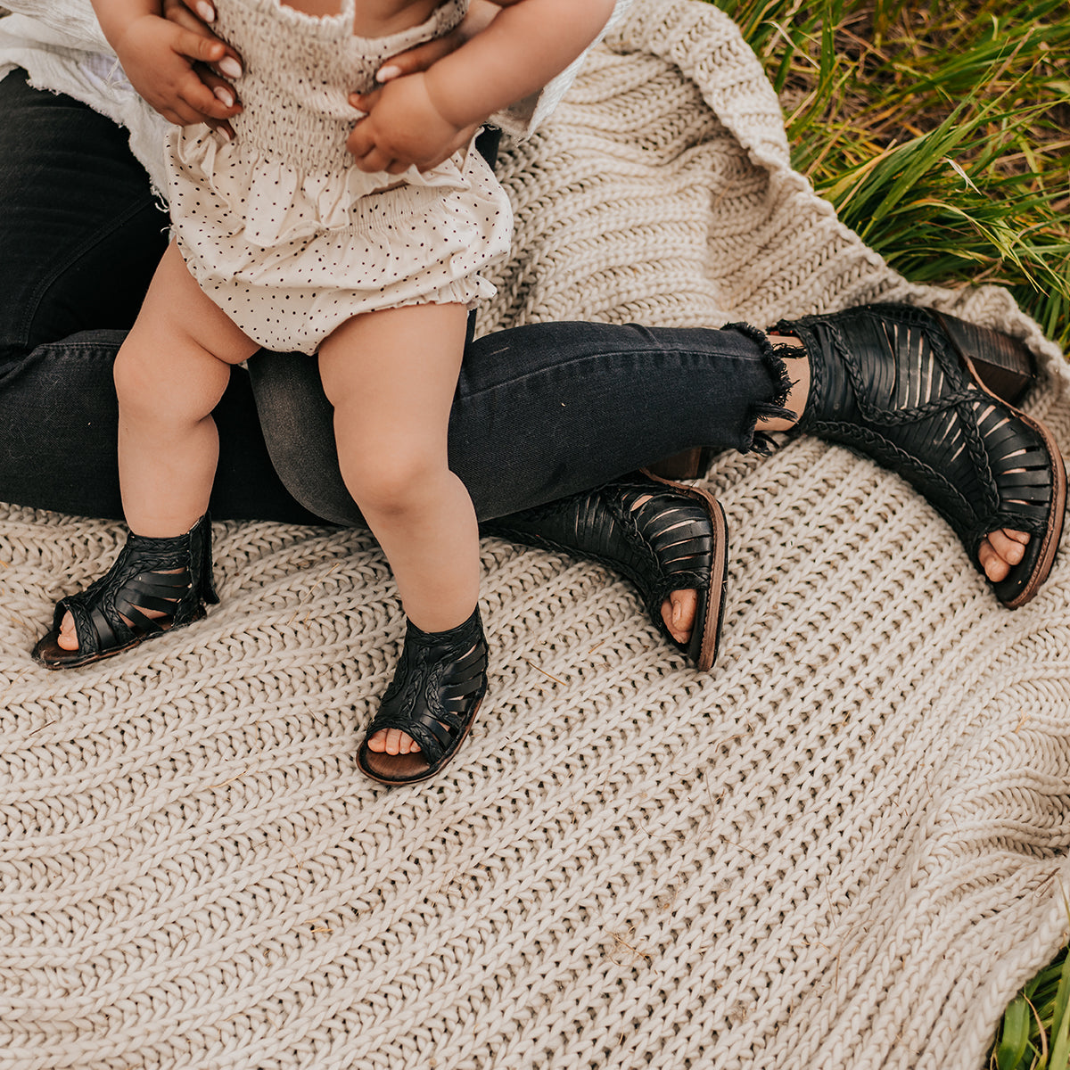 FREEBIRD infant baby Bela black sandal with laser-cut leather, braided accents and an embossed leather back velcro panel 