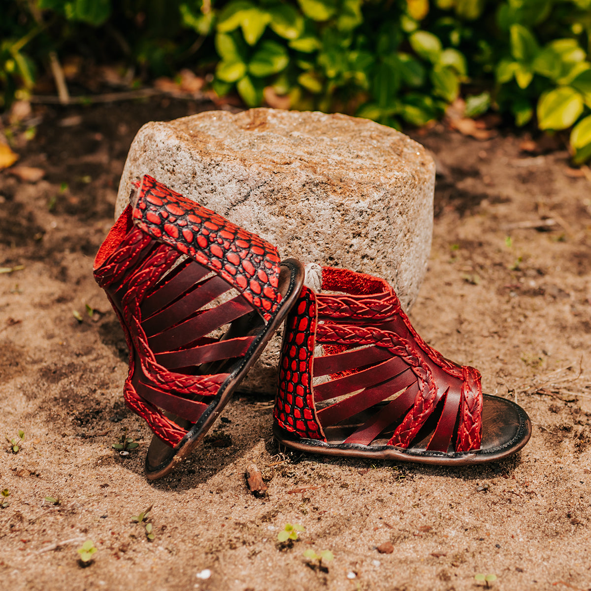 FREEBIRD infant baby Bela red sandal with laser-cut leather, braided accents and an embossed leather back velcro panel