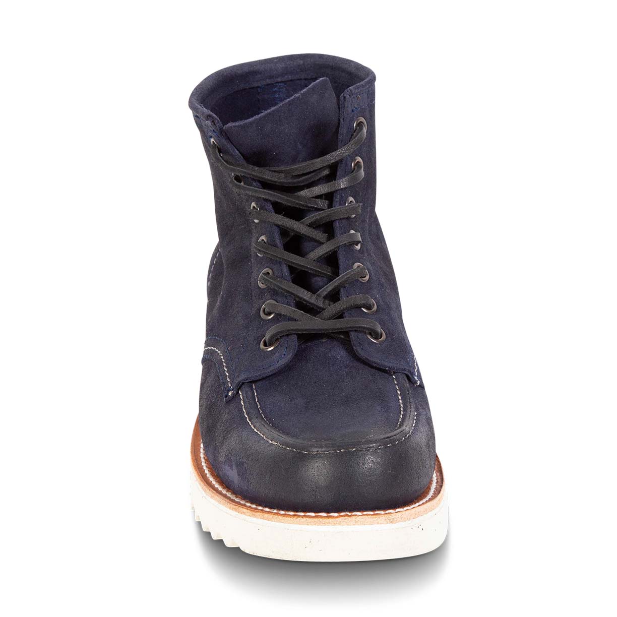 Front view showing suede tongue construction and adjustable leather lace closure on FREEBIRD men's Carbon navy suede shoe
