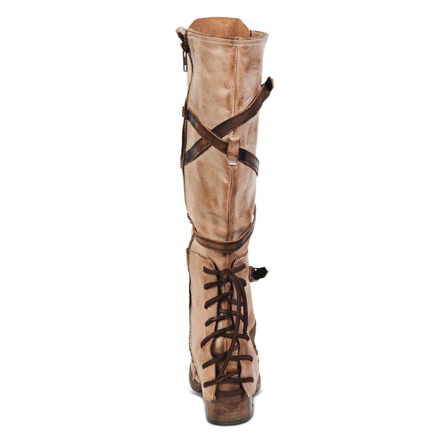 Back view showing leather shaft straps and lacing ankle overlay on FREEBIRD women's Cassius beige multi tall leather boot