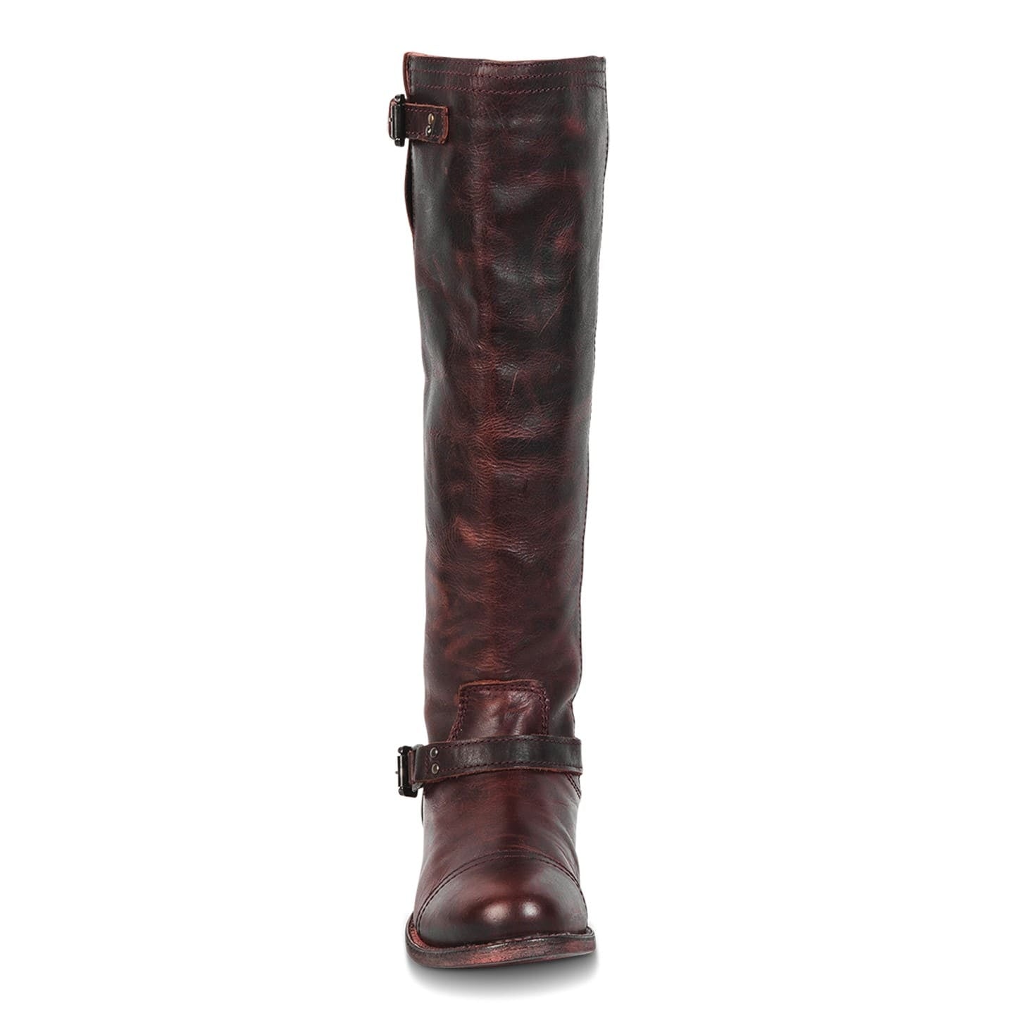 Front view showing tall shaft construction and ankle strap with silver hardware on FREEBIRD women's Roadey wine tall leather boot 