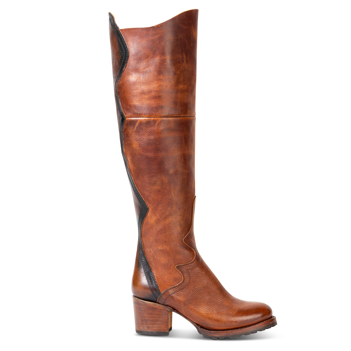 FREEBIRD women's Calgary cognac leather heeled knee high boot with contrasting back panel and rubber tread sole